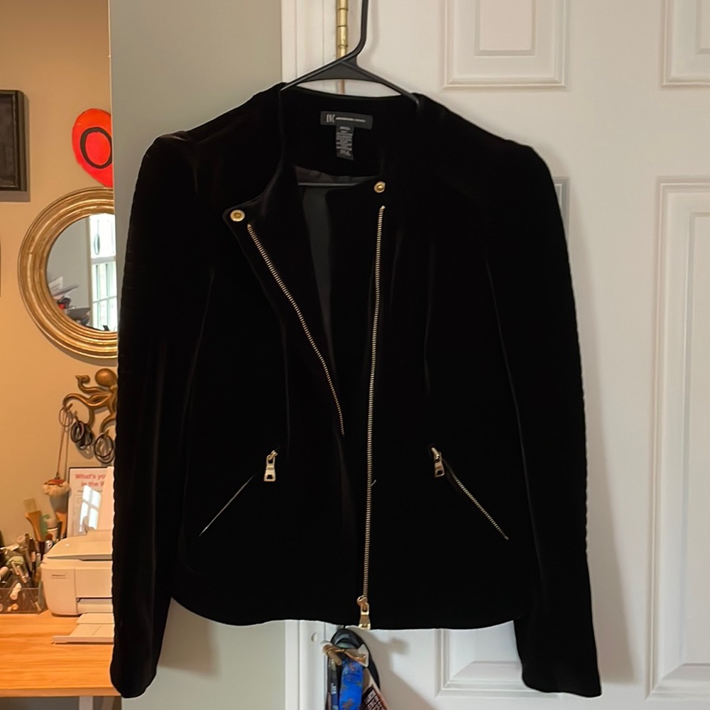 NWT INC black velvet moto jacket, gold zippers, slight puffed sleeve,ribbed arms